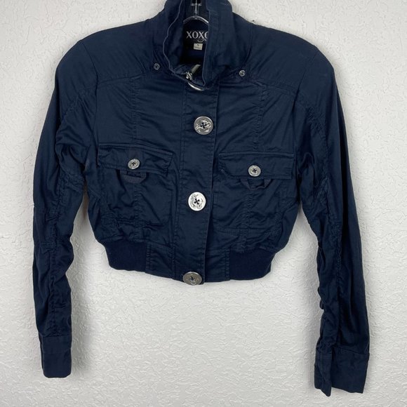 XOXO JEANS Womens S Cropped Blue Nautical Button Up Jacket Long Sleeve Y2K - Picture 2 of 6